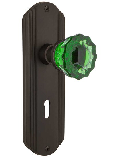 Streamline Deco Mortise Lock Set with Colored Fluted Crystal Glass Knobs Emerald in Oil-Rubbed Bronze.